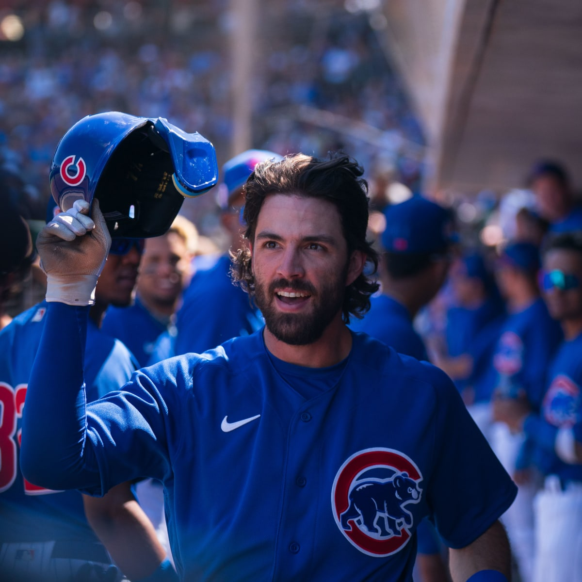 Dansby Swanson of the Chicago Cubs warms up before the spring